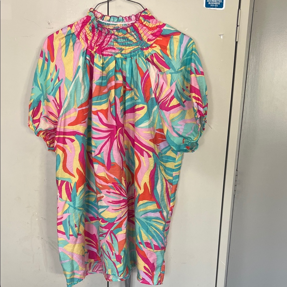 Tropical Shirred Neck Short Sleeve Top - Multi